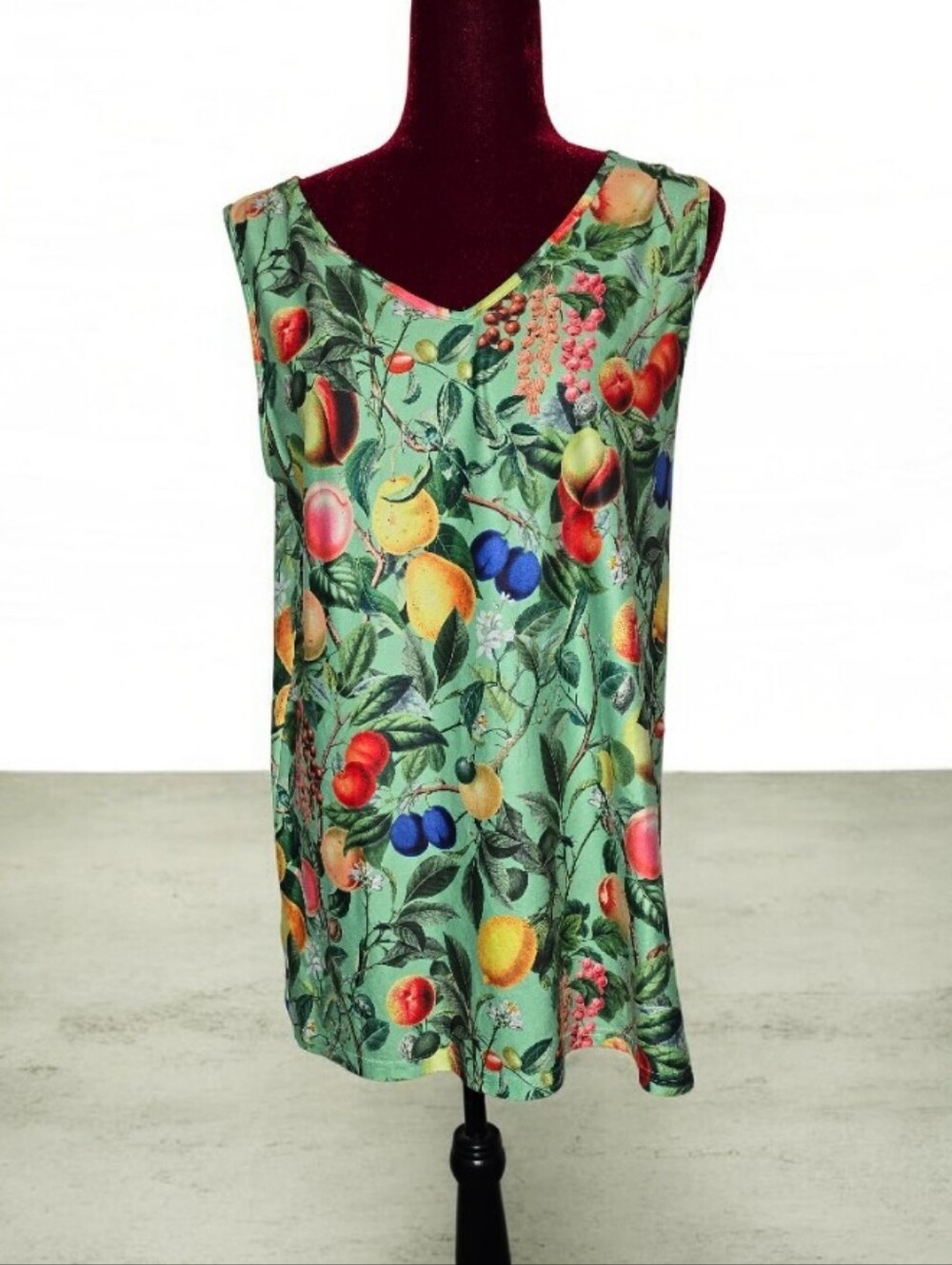 #A49 Sleeveless Green Fruit-Print V-Neck Top